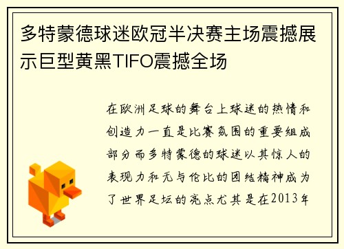 多特蒙德球迷欧冠半决赛主场震撼展示巨型黄黑TIFO震撼全场