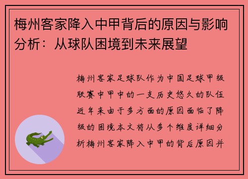 梅州客家降入中甲背后的原因与影响分析：从球队困境到未来展望