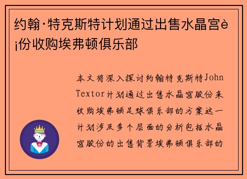 约翰·特克斯特计划通过出售水晶宫股份收购埃弗顿俱乐部