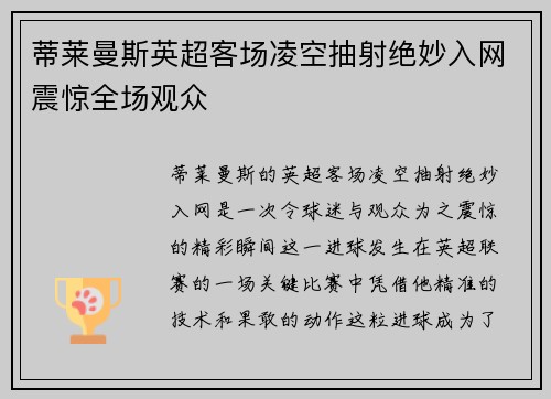 蒂莱曼斯英超客场凌空抽射绝妙入网震惊全场观众